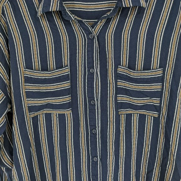 BP Nordstrom Button Front Blouse S Navy Mustard Striped Long Sleeve Patch Pocket - Picture 9 of 14